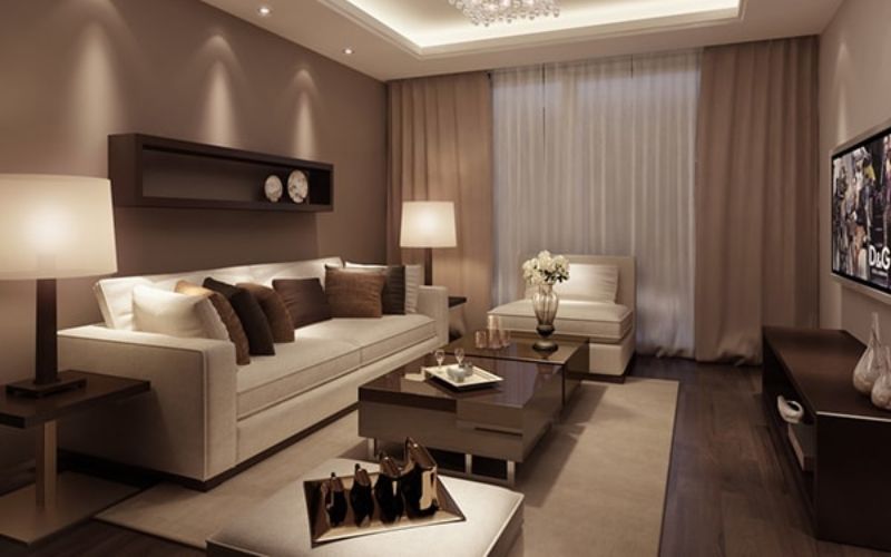 Phòng khách sơn màu nâu đất bình dị