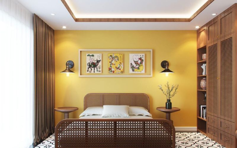 Màu nâu và vàng trong không gian phòng ngủ