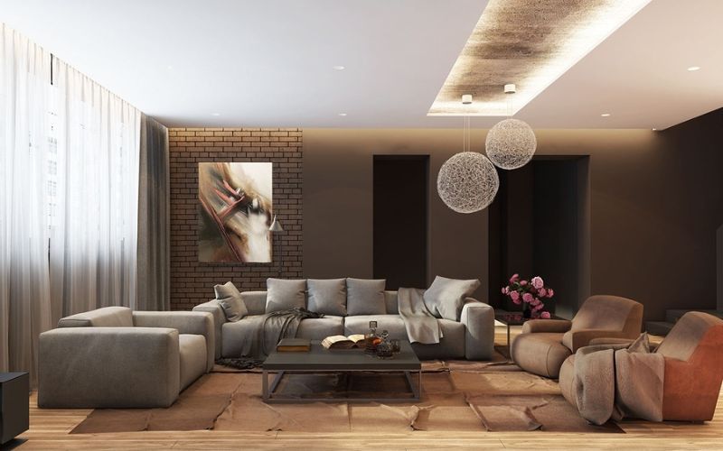 Phòng khách sơn màu nâu đất bình yên và dễ chịu